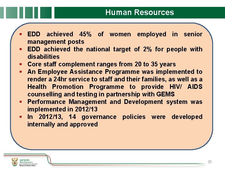 Human Resources § EDD achieved 45% of women employed in senior management posts §