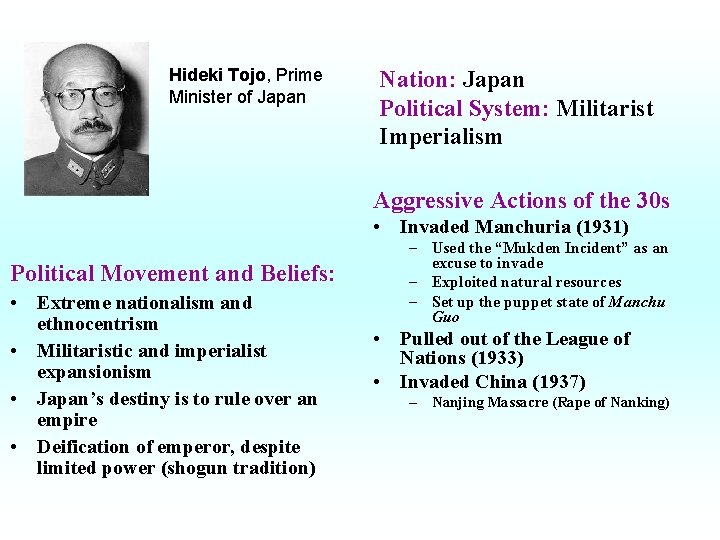 Hideki Tojo, Prime Minister of Japan Nation: Japan Political System: Militarist Imperialism Aggressive Actions