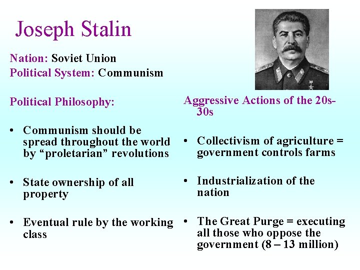 Joseph Stalin Nation: Soviet Union Political System: Communism Political Philosophy: Aggressive Actions of the