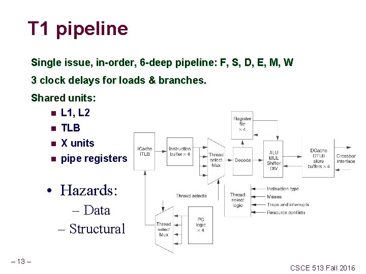 T 1 pipeline Single issue, in-order, 6 -deep pipeline: F, S, D, E, M,