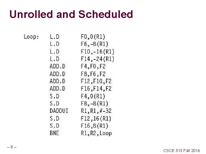 Unrolled and Scheduled – 8– CSCE 513 Fall 2016 