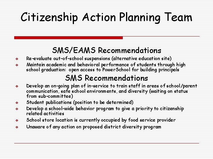 Citizenship Action Planning Team SMS/EAMS Recommendations v v Re-evaluate out-of-school suspensions (alternative education site)
