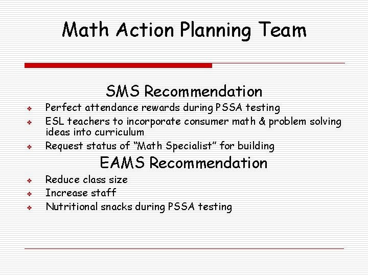Math Action Planning Team SMS Recommendation v v v Perfect attendance rewards during PSSA