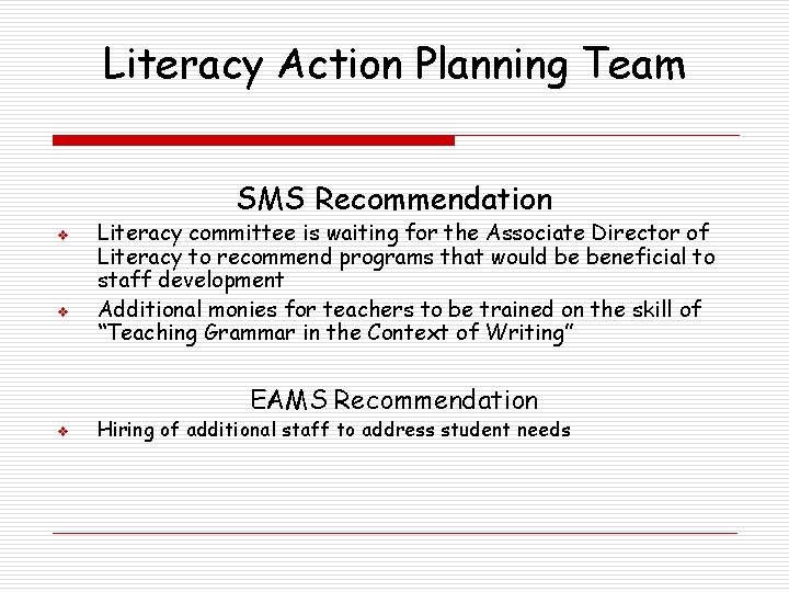 Literacy Action Planning Team SMS Recommendation v v Literacy committee is waiting for the