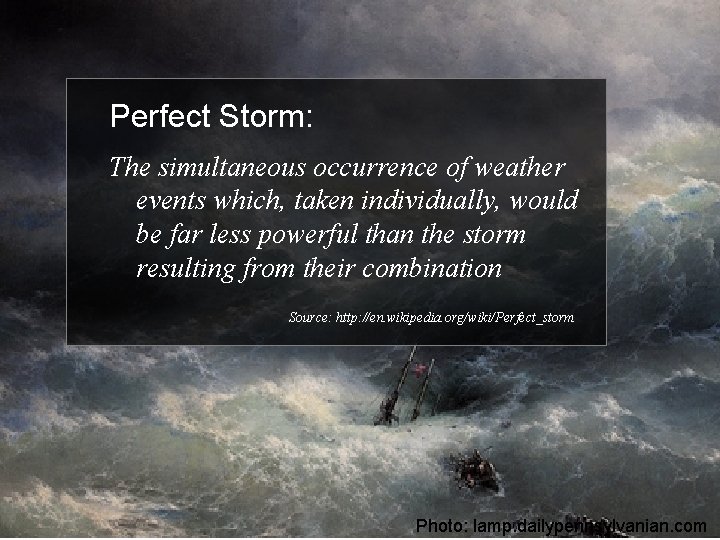 Perfect Storm: The simultaneous occurrence of weather events which, taken individually, would be far