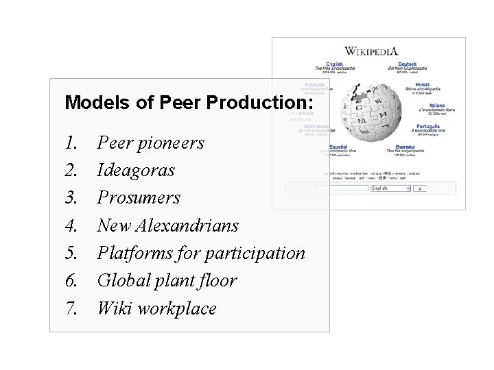 Models of Peer Production: 1. 2. 3. 4. 5. 6. 7. Peer pioneers Ideagoras