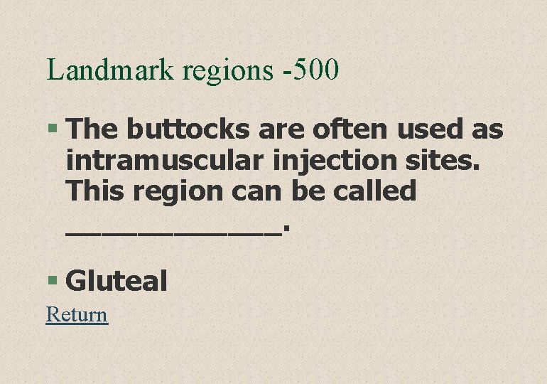 Landmark regions -500 § The buttocks are often used as intramuscular injection sites. This