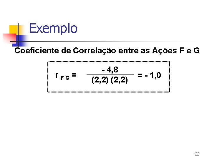 Exemplo Coeficiente de Correlação entre as Ações F e G r FG = -