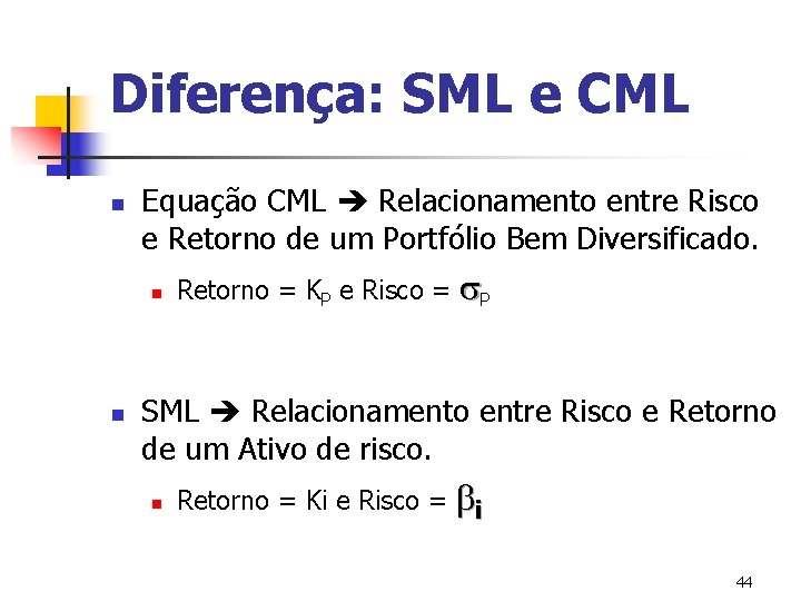 Diferença: SML e CML n Equação CML Relacionamento entre Risco e Retorno de um