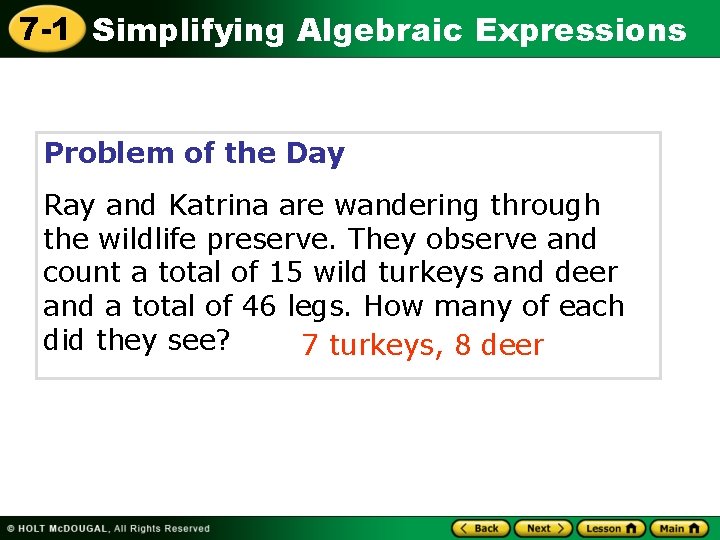 7 1 Simplifying Algebraic Expressions Warm Up Problem
