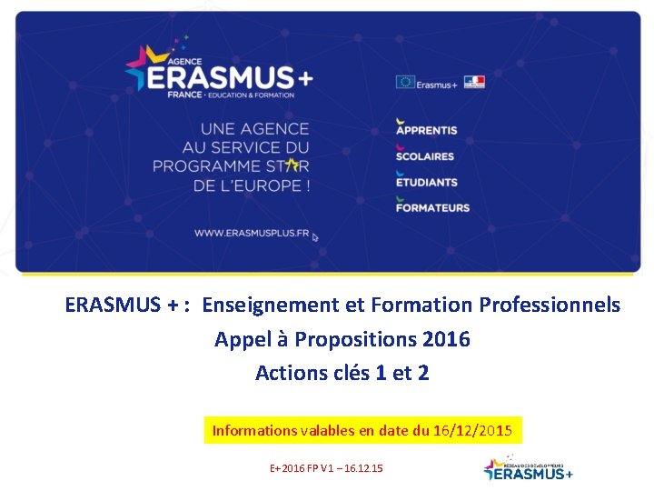 ERASMUS + : Enseignement et Formation Professionnels Appel à Propositions 2016 Actions clés 1