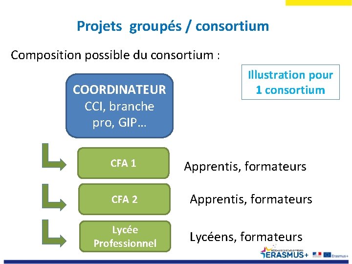 Projets groupés / consortium Composition possible du consortium : COORDINATEUR CCI, branche pro, GIP…