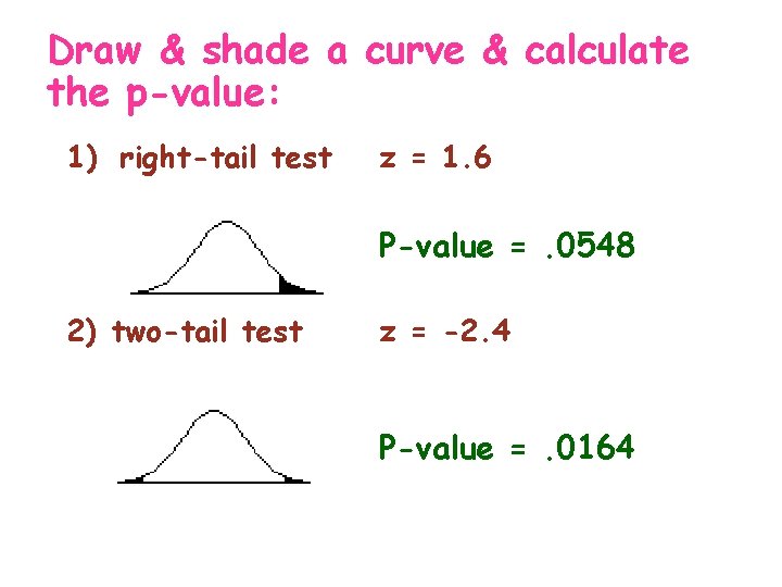 Draw & shade a curve & calculate the p-value: 1) right-tail test z =