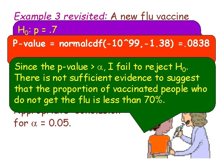 Example 3 revisited: A new flu vaccine claims H 0: p =to. 7 prevent