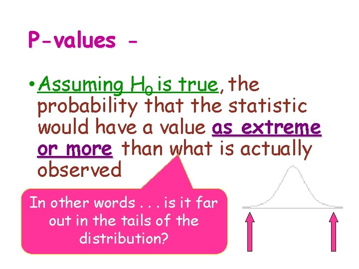 P-values • Assuming H 0 is true, the probability that the statistic would have