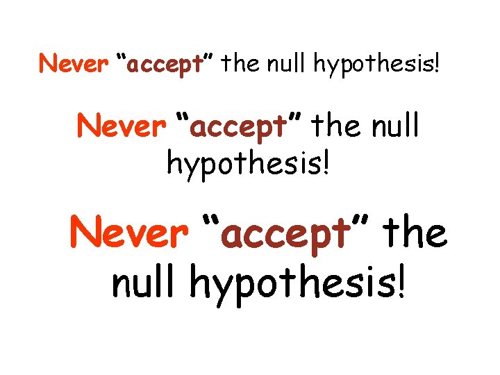 Never “accept” the null hypothesis! 