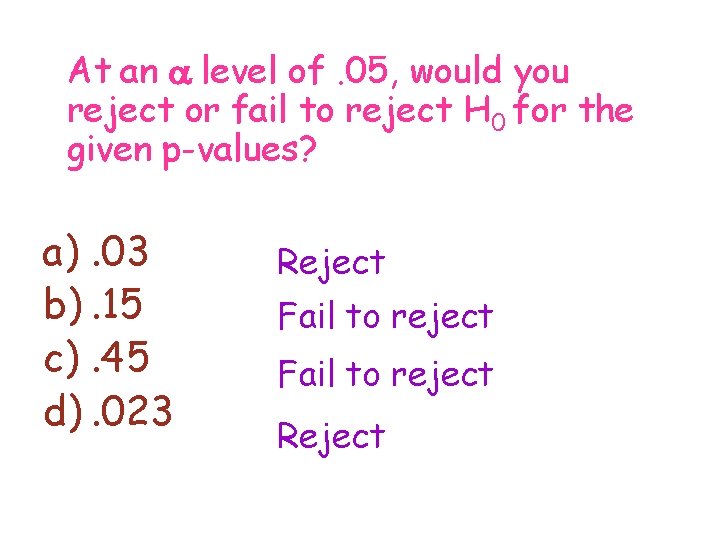 At an a level of. 05, would you reject or fail to reject H