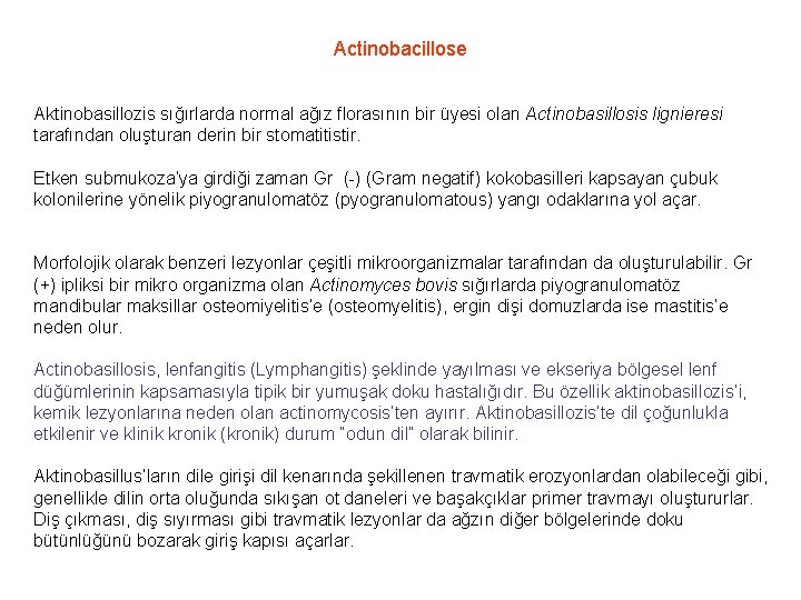 Actinobacillose Aktinobasillozis sığırlarda normal ağız florasının bir üyesi olan Actinobasillosis lignieresi tarafından oluşturan derin