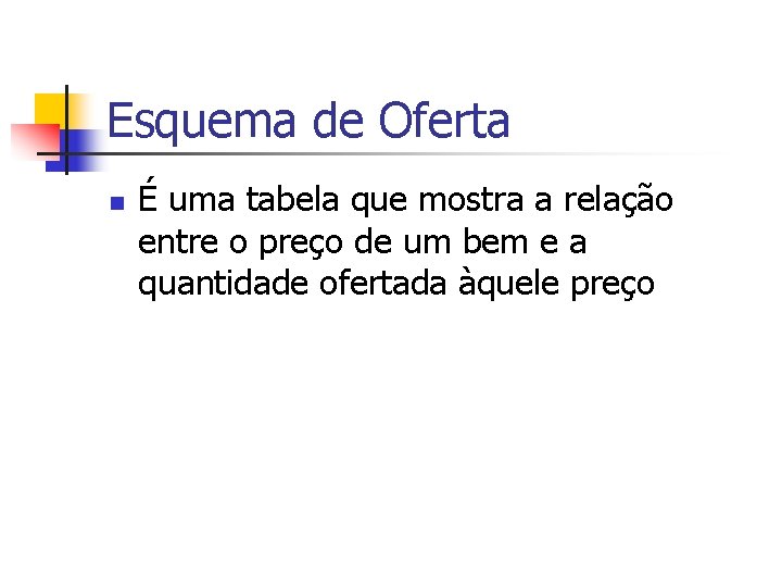 Esquema de Oferta n É uma tabela que mostra a relação entre o preço