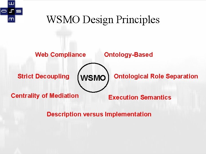 WSMO Design Principles Web Compliance Strict Decoupling Centrality of Mediation Ontology-Based WSMO Ontological Role