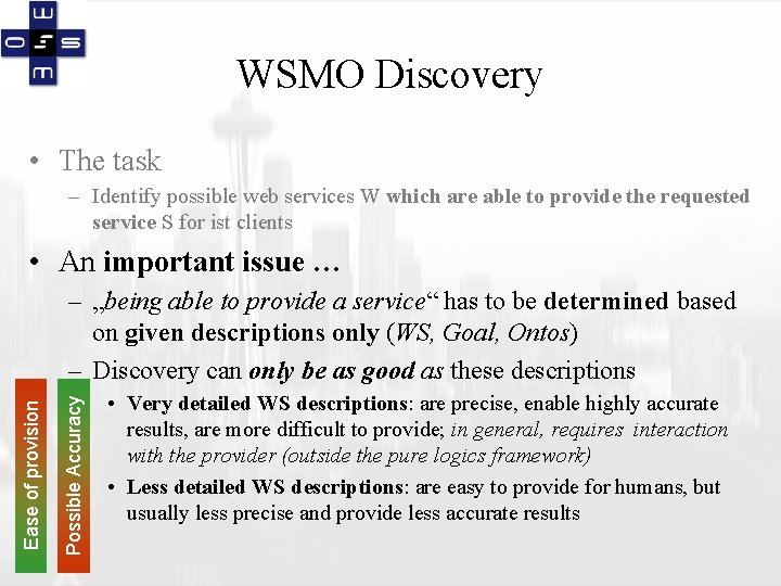 WSMO Discovery • The task – Identify possible web services W which are able