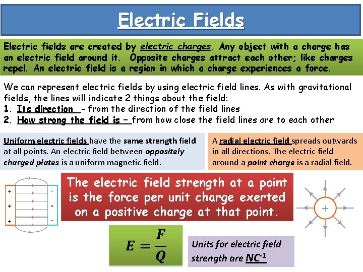 Electric Fields Electric fields are created by electric charges. Any object with a charge