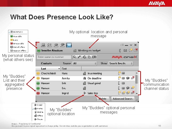 What Does Presence Look Like? My optional location and personal message My personal status