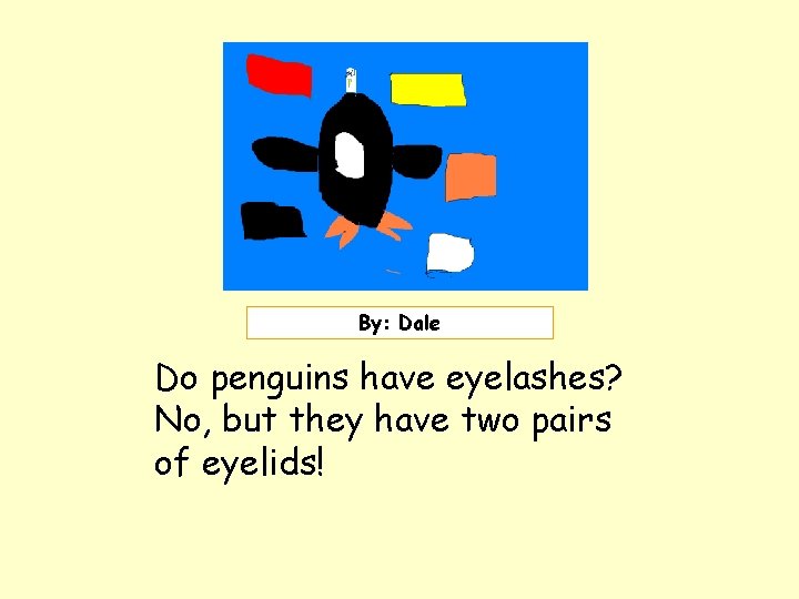 Insert picture here. ! By: Dale Do penguins have eyelashes? No, but they have