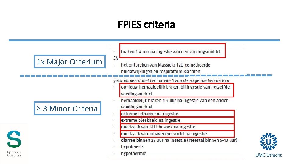 FPIES criteria 1 x Major Criterium ≥ 3 Minor Criteria 