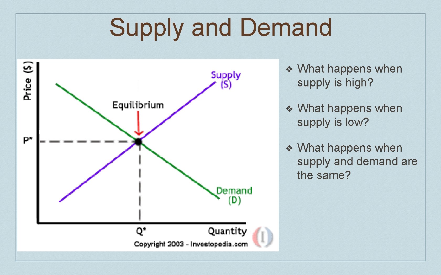 Supply and Demand ❖ What happens when supply is high? ❖ What happens when
