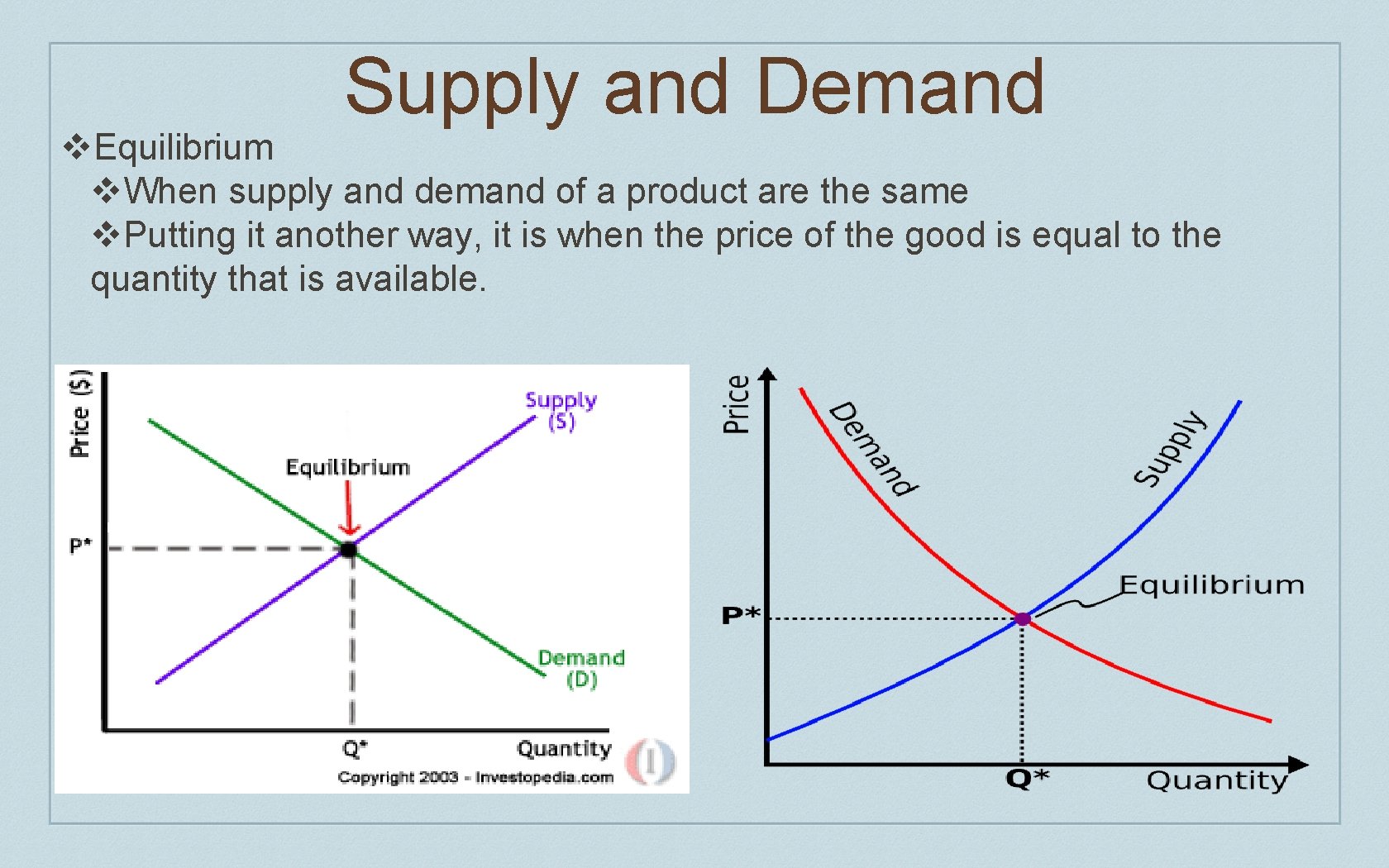 Supply and Demand v. Equilibrium v. When supply and demand of a product are