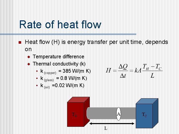 Rate of heat flow n Heat flow (H) is energy transfer per unit time,