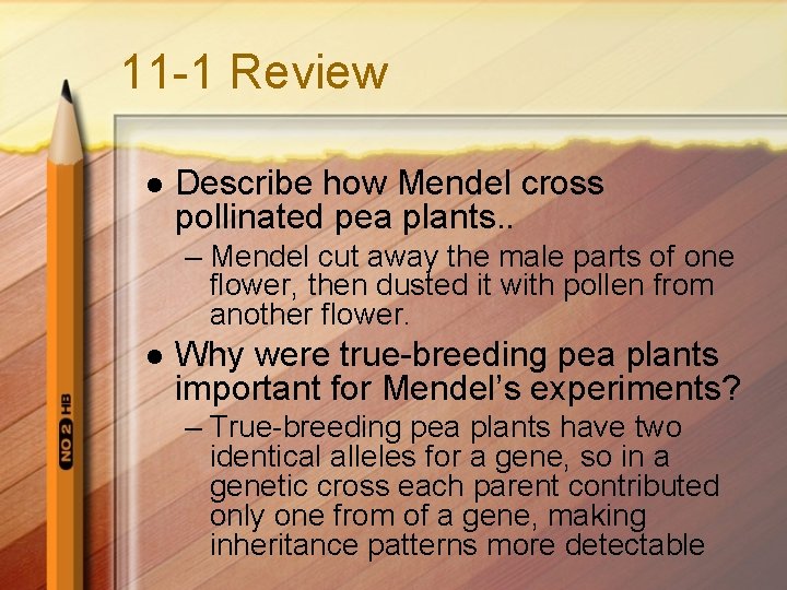 11 -1 Review l Describe how Mendel cross pollinated pea plants. . – Mendel