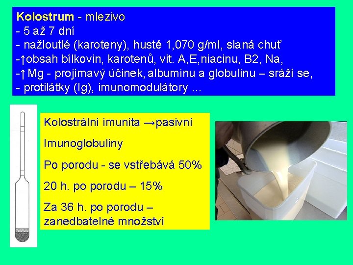 Kolostrum - mlezivo - 5 až 7 dní - nažloutlé (karoteny), husté 1, 070