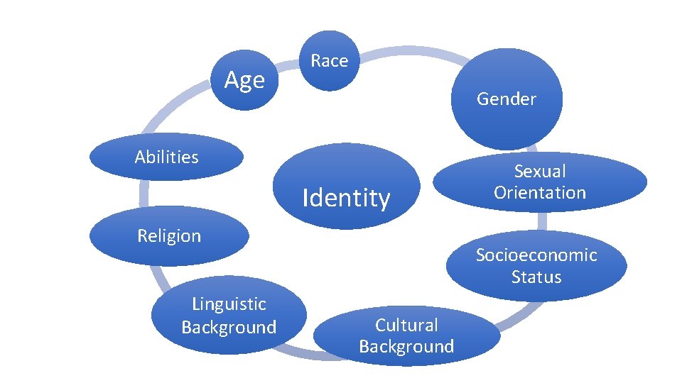 Age Race Gender Abilities Identity Religion Linguistic Background Sexual Orientation Socioeconomic Status Cultural Background