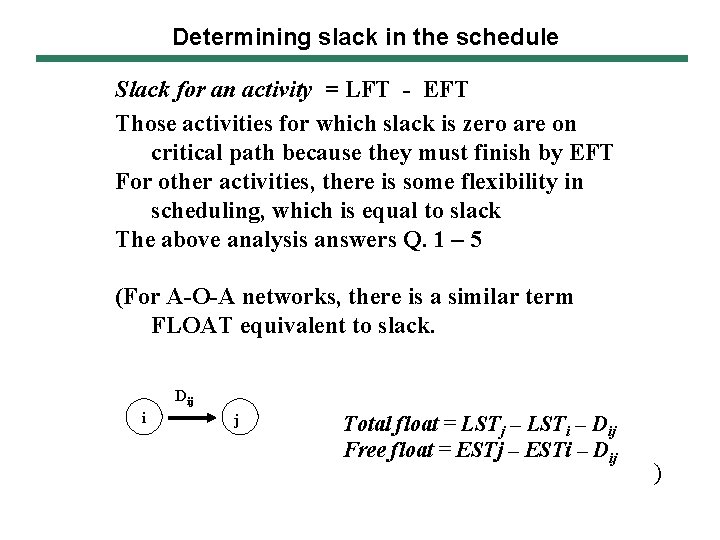 Determining slack in the schedule Slack for an activity = LFT - EFT Those