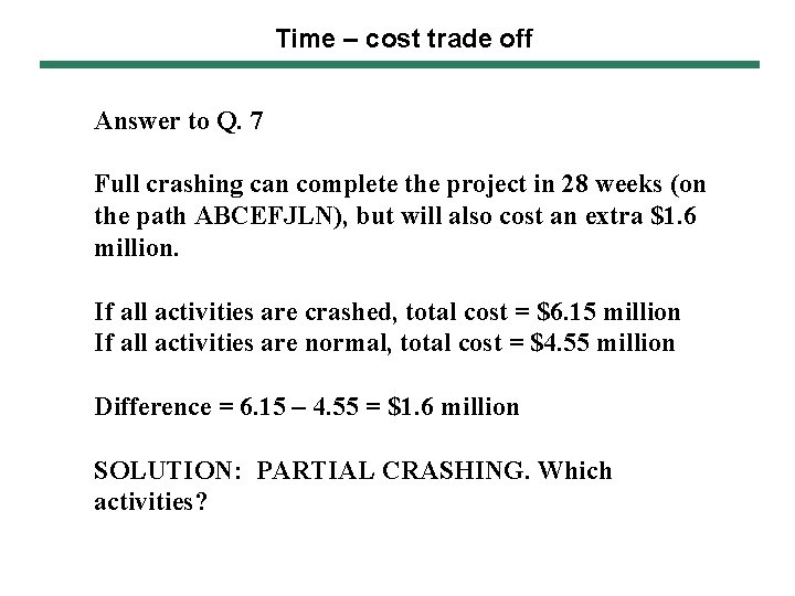Time – cost trade off Answer to Q. 7 Full crashing can complete the