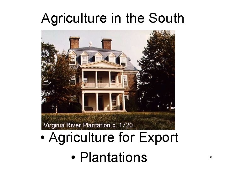 Agriculture in the South Virginia River Plantation c. 1720 • Agriculture for Export •