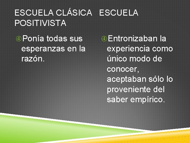 ESCUELA CLÁSICA ESCUELA POSITIVISTA Ponía todas sus esperanzas en la razón. Entronizaban la experiencia