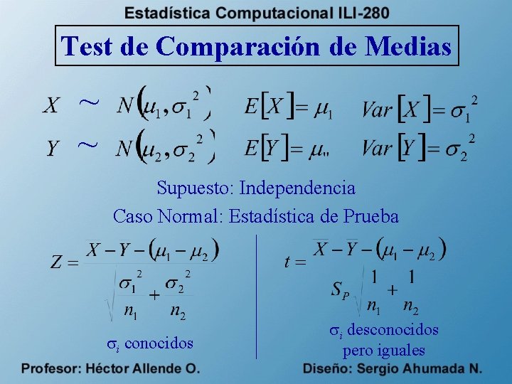 Test de Comparación de Medias ~ ~ Supuesto: Independencia Caso Normal: Estadística de Prueba