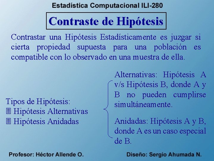 Contraste de Hipótesis Contrastar una Hipótesis Estadísticamente es juzgar si cierta propiedad supuesta para
