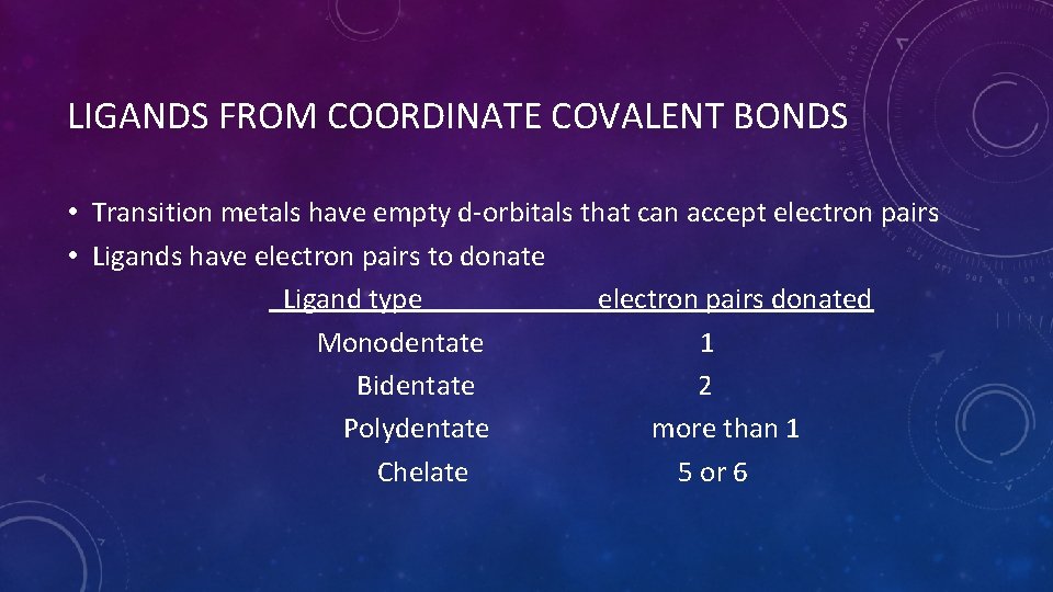 LIGANDS FROM COORDINATE COVALENT BONDS • Transition metals have empty d-orbitals that can accept