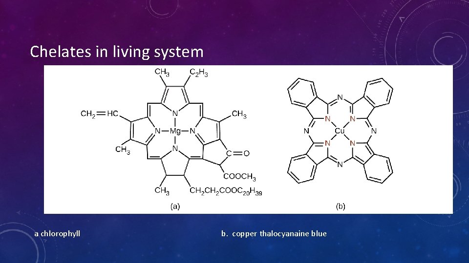 Chelates in living system a chlorophyll b. copper thalocyanaine blue 