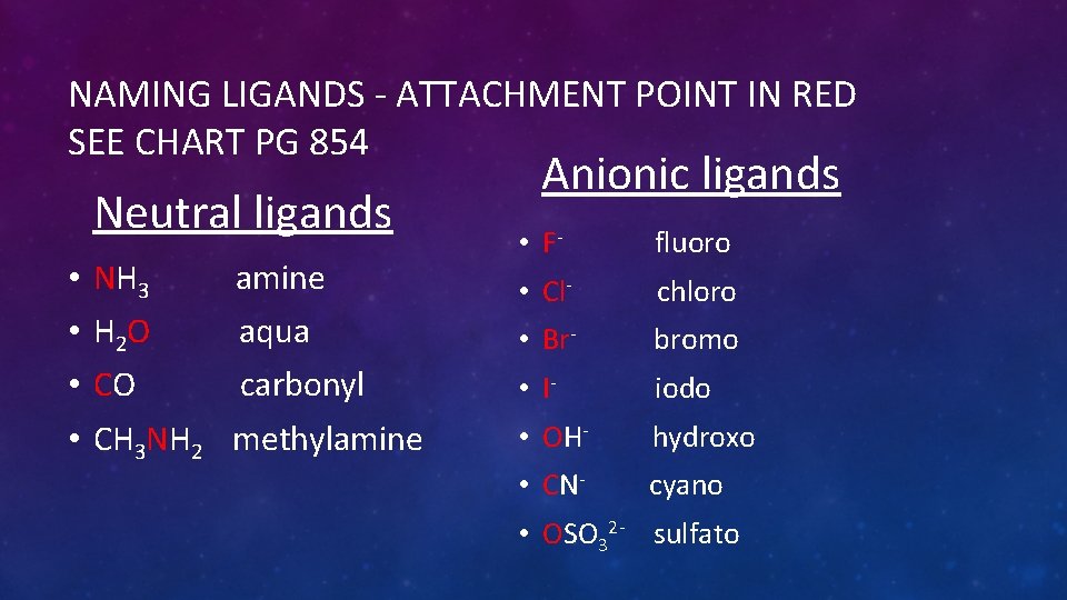 NAMING LIGANDS - ATTACHMENT POINT IN RED SEE CHART PG 854 Neutral ligands •