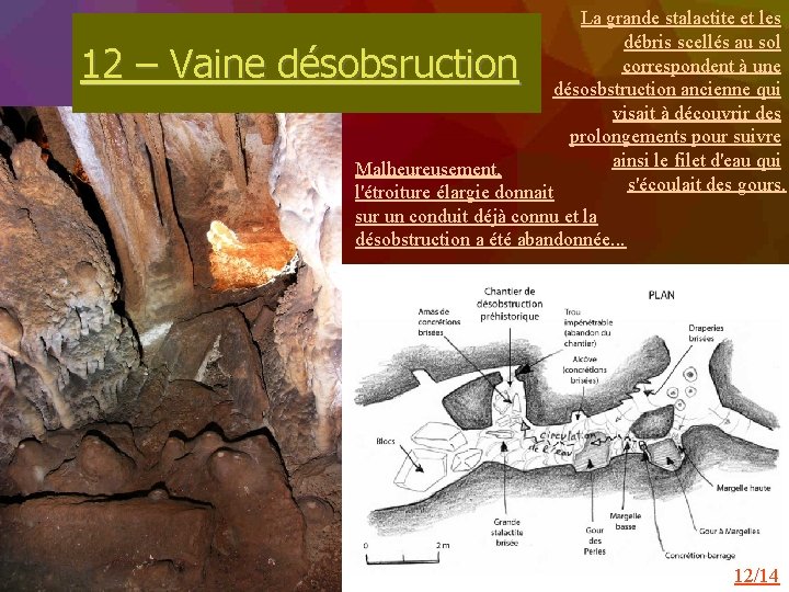 La grande stalactite et les débris scellés au sol correspondent à une désosbstruction ancienne