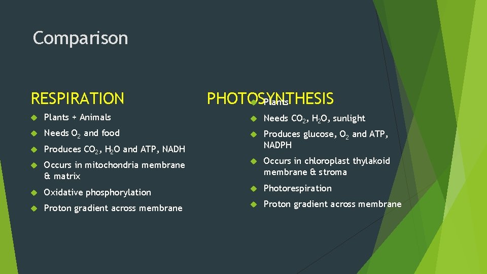 Comparison RESPIRATION PHOTOSYNTHESIS Plants + Animals Needs CO 2, H 2 O, sunlight Needs