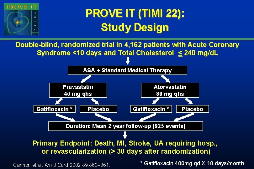 PROVE IT (TIMI 22): Study Design Double-blind, randomized trial in 4, 162 patients with