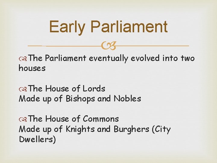 Early Parliament The Parliament eventually evolved into two houses The House of Lords Made