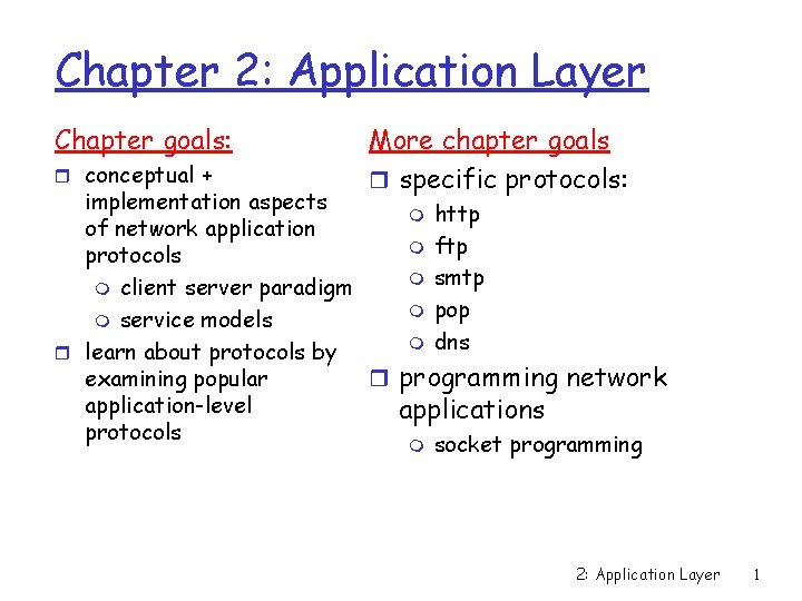 Chapter 2: Application Layer Chapter goals: r conceptual + More chapter goals r specific