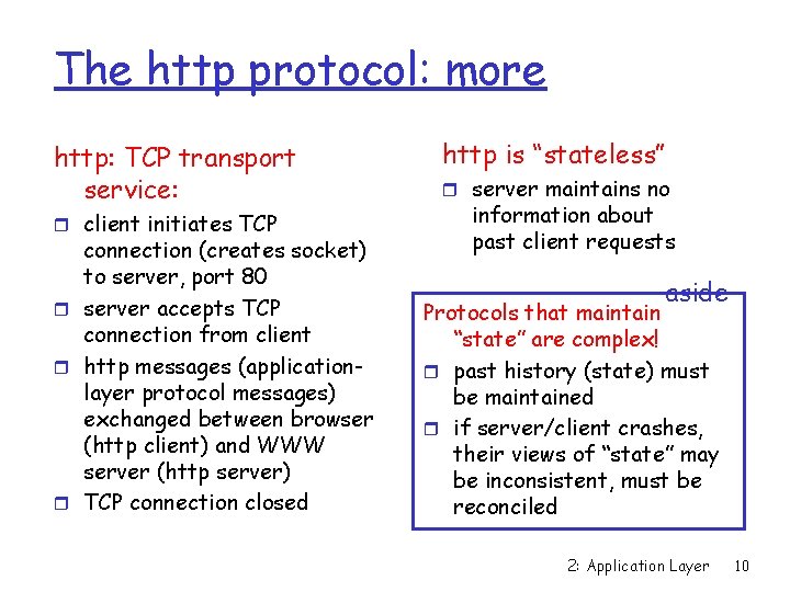 The http protocol: more http: TCP transport service: r client initiates TCP connection (creates